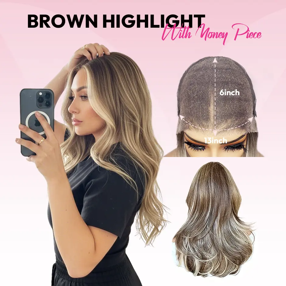 [Shannon] VSIGN Hazelnut with Money Piece Wavy 13*6 HD Pre-Cut Lace Front Wig Hand Tied Pre Plucked Hairline Pre Layered Natural Looking Synthetic Heat Resistant Fiber for Daily Party Skunk Strip Style Low Density Gift Gluelss Wig [Shannon]
