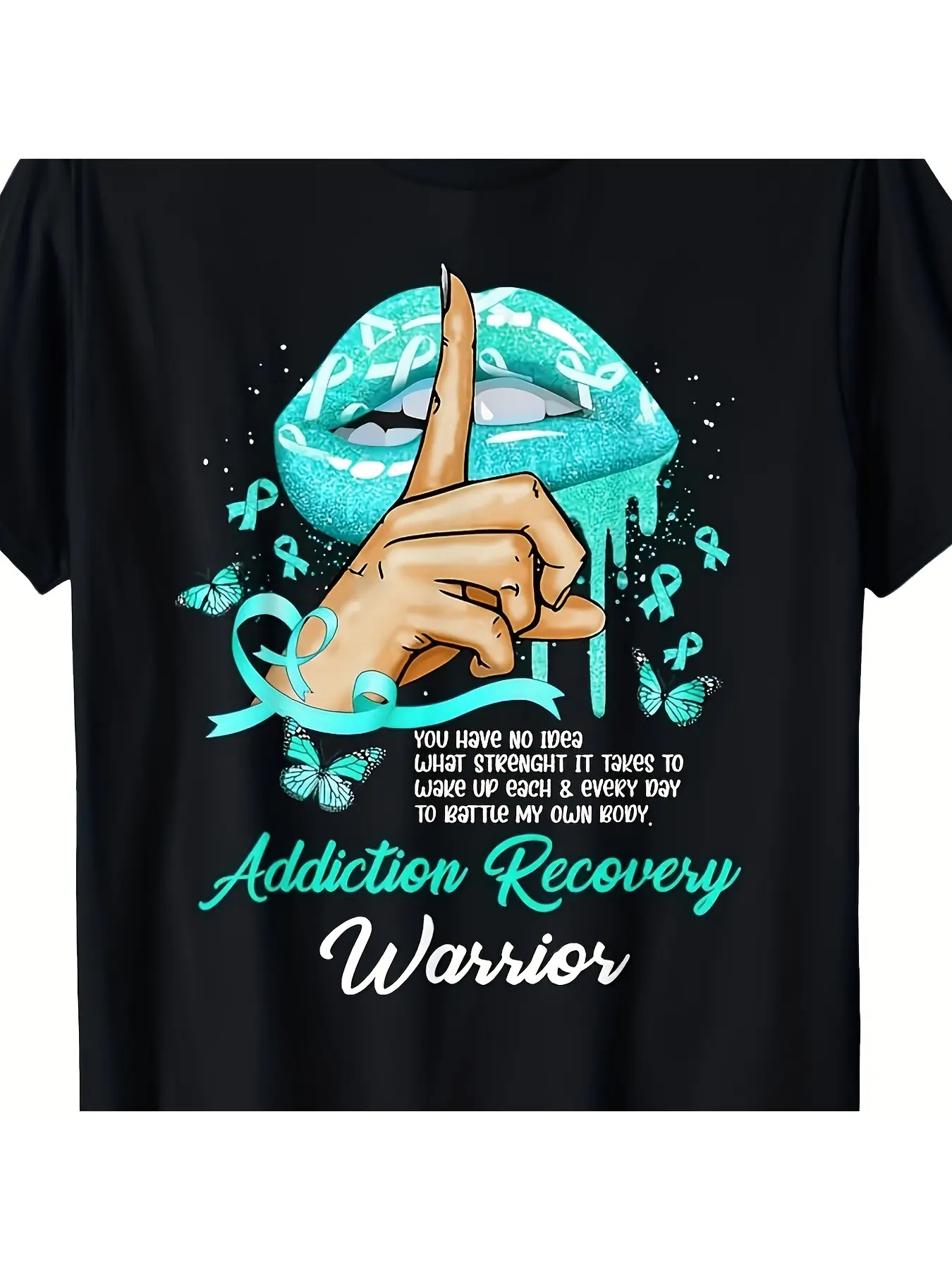 Addiction Recovery Warrior T Shirt with Teal Ribbo unisex soft cotton short sleeve t shirt, vintage graphic casual tee for men women teens, perfect birthday holiday gift for camping travel gym daily street  wear