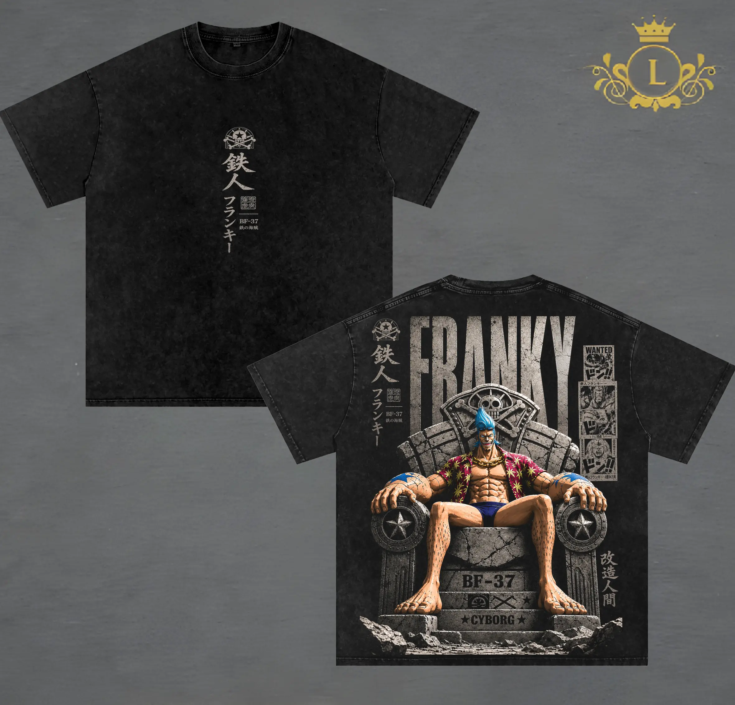 Franky One Piecee Vintage Washed T-Shirt Hoodie, BF-37 Cyborg Throne Graphic Tee, Heavyweight Cotton Oversized Anime Streetwear, Double Sided Retro Pirate Manga Fan Gift