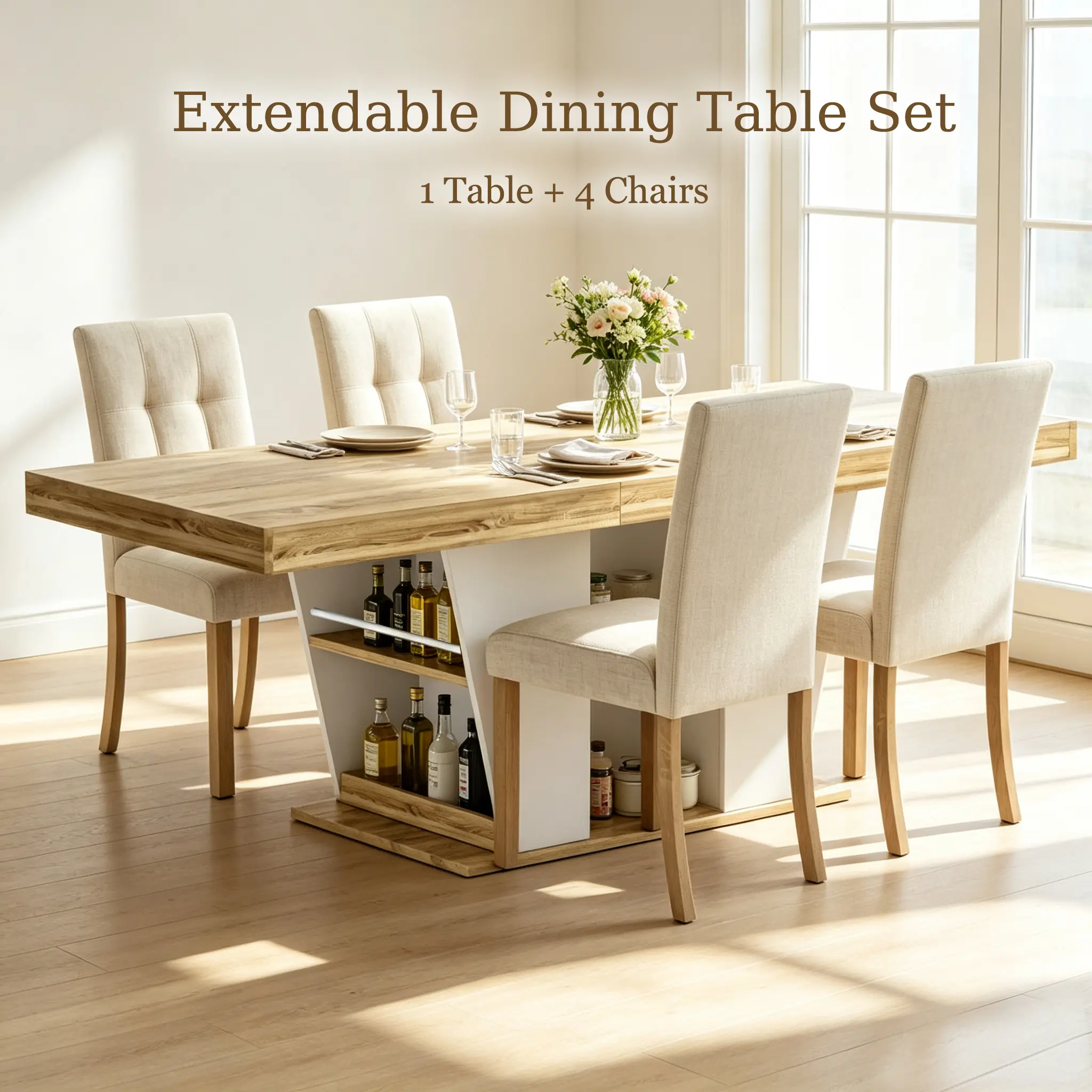 5-Piece Extendable Dining Table Set with 4 Chairs - Rustic Mid-Century Modern Wooden Furniture Sets Table, Space-Saving Farmhouse Style, Natural White Beige, Dining Table Set With Chairs