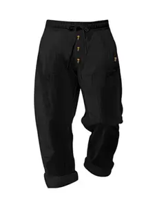 Men's summer linen loose pants! Drawstring with elastic waistband, breathable and skin friendly without stuffy sweat, retro buckle design, versatile for vacation and commuting in multiple scenarios