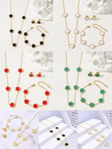 4-piece women's stainless steel five-petal flower jewelry set, stylish and simple 18k five-petal flower bracelet, five-petal flower necklace, perfect for gifting