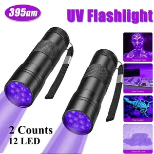 2-Pack Portable 12 LED UV Flashlights, 395nm Mini UV Pen Light, Currency Pet Stain Bug Detector, Compact Aluminum Handheld Lamp (battery Not Included)