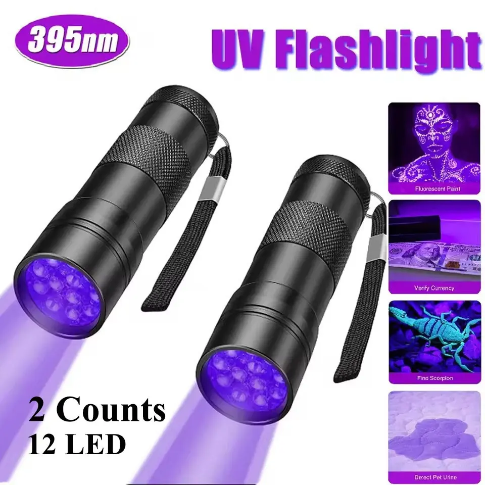 2-Pack Portable 12-LED UV Flashlights, 395nm Mini UV Pen Light for Counterfeit Bill, Pet Stain, Urine Detection, Bug Detection, Insects, and Fluorescent Paint, Compact Aluminum Handheld Lamp (Battery Not Included)