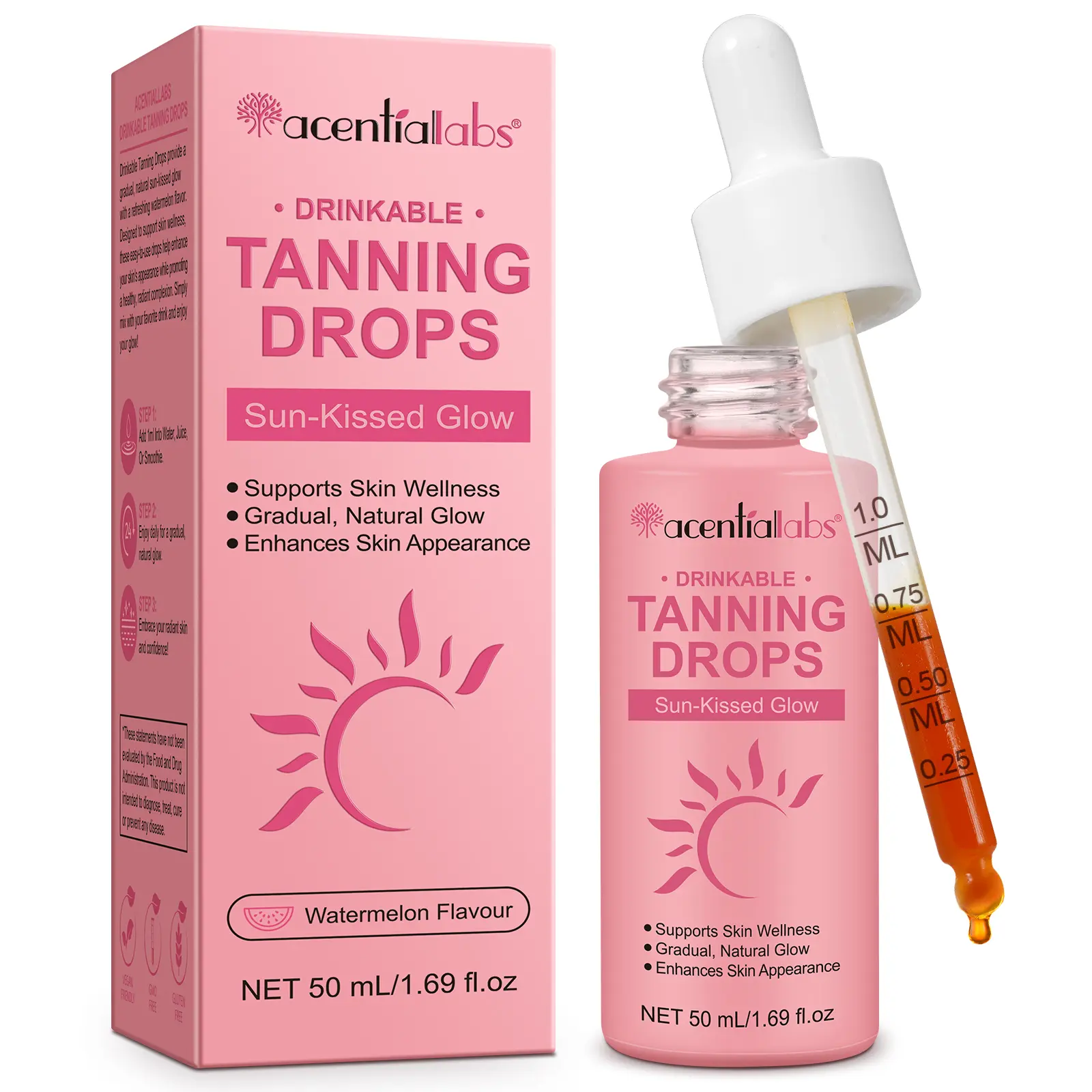Acentiallabs Drinkable Tanning Drops - Watermelon-Infused, Melanin-Boosting Sunless Tanning Water Drops for Face & Body, Radiant Glow Body Care for Selfcare Glowup, Gradual Self Tanning, Sunless Safe Tanning summerwins
