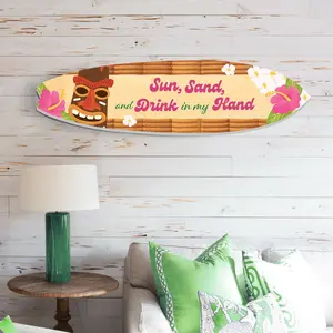 JennyGems Outdoor Tropical Surfboard and Tiki Bar Sign, Sun Sand Drink in Hand Surfboard Wall Art, Weather Resistant, Beach and Coastal Home Decor