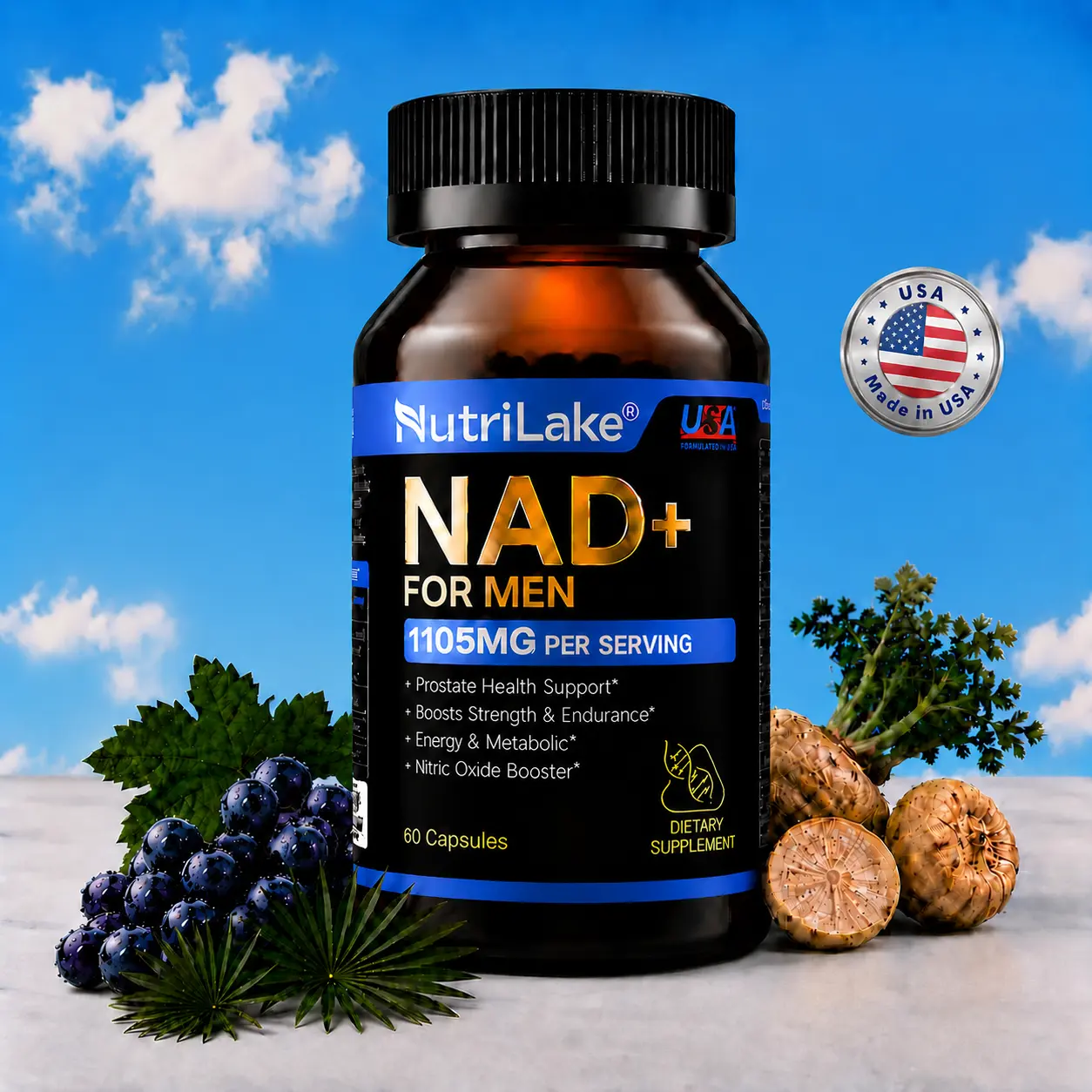 NutriLake NAD+ Supplements for Men-Liposomal,Energy Support,Wrinkle Defense,Complex with Trans-Resveratrol,CoQ10,Ashwagandha,Niacin,Vitamin B6,Supports Cellular Renewal, Energy & Performance - 60 Capsules Dietary Supplement Vitamins