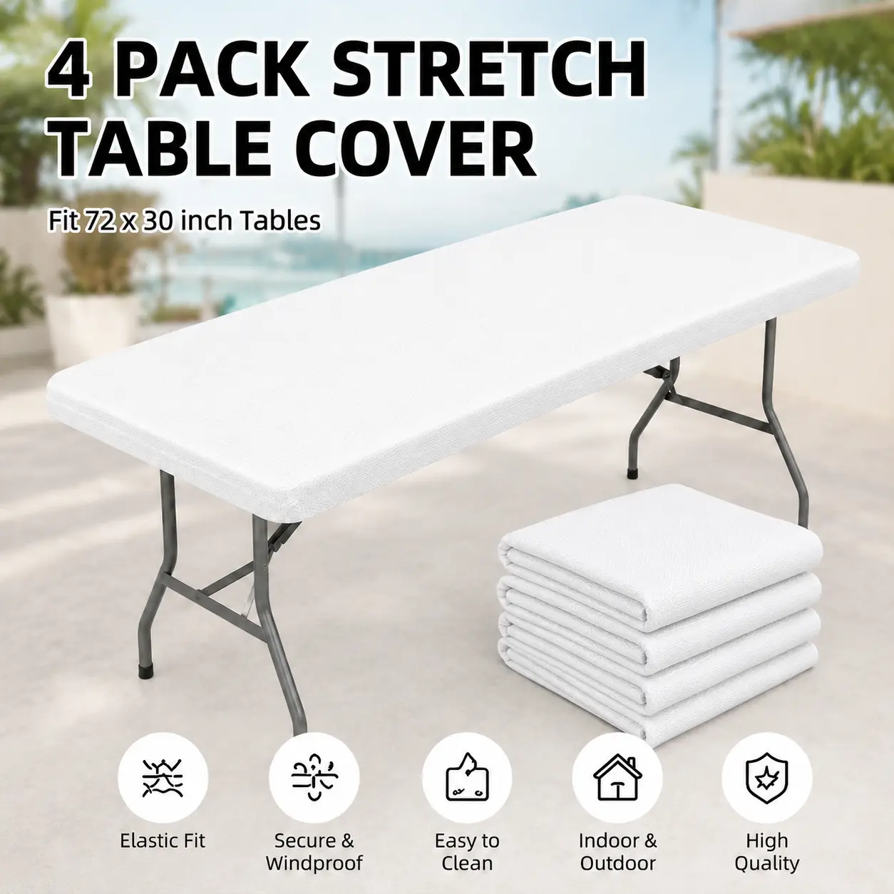 Stretch Polyester Rectangle Tablecloths (4-Pack) - Fit for 6ft (30x72in) Tables, Easy to Clean, Ideal for Baby Shower, Birthday, Business Holiday Indoor-Outdoor Decor