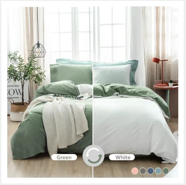 100% Washed Cotton White and Green Reversible Duvet Cover Set Queen and King Size Optional, Casual Design Soft Bedding Set 2 Pillow Cases + 1 Duvet Cover with Zipper & Corner Ties(SX-004)