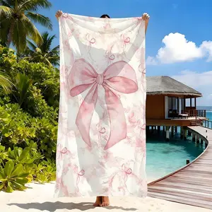 1PC  Elegant Pink Bow Design Travel Beach Towel Aesthetic Light Luxury Portable Lightweight Beach Blanket for Pool Ocean Getaways Multifunctional Decoration Lightness Microfiber beach towels, bath towels, and swimming towels