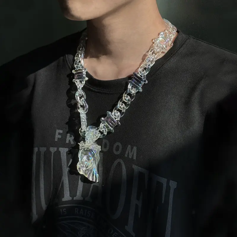 Jesus pendant necklace-​iridescent , transparency acrylic with a thick 3D Jesus carving, featuring premium gold plating for a metallic shine. Blends street style with religious symbolism. -TikTokShopBlackFriday, unisex design.-Christmas gifts