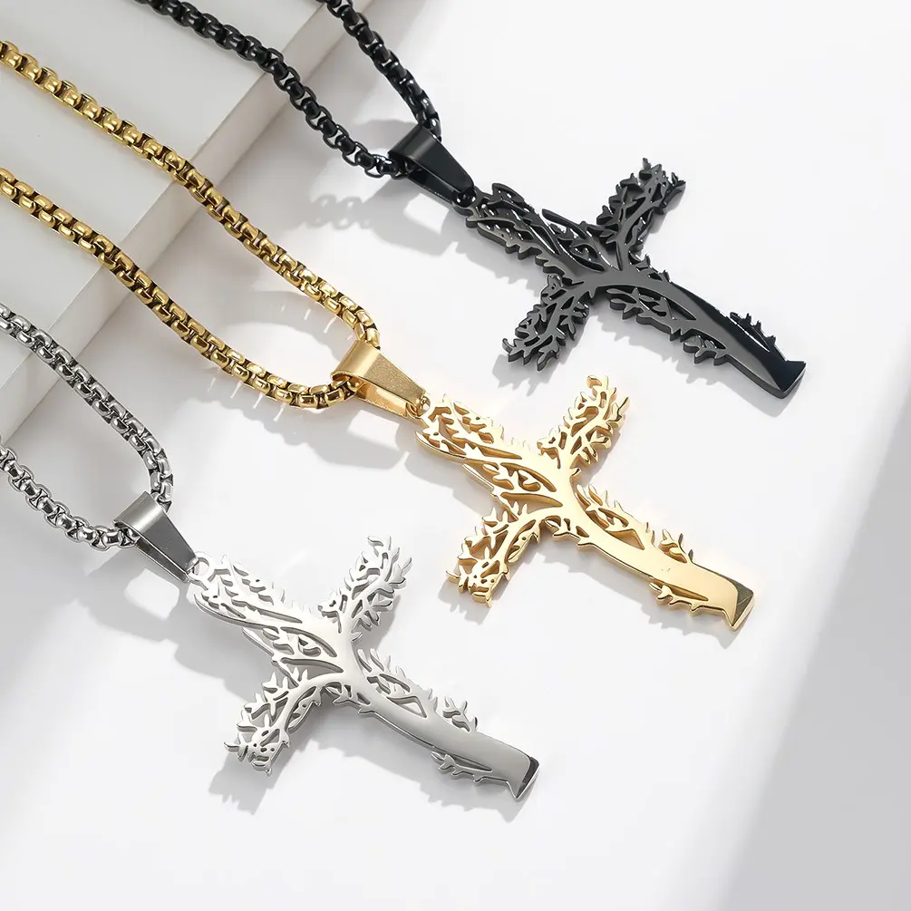 Unisex Stainless Steel Tree of Life Cross Necklace with Cross Chain Design, Personalized Titanium Steel Pendant for Daily Wear