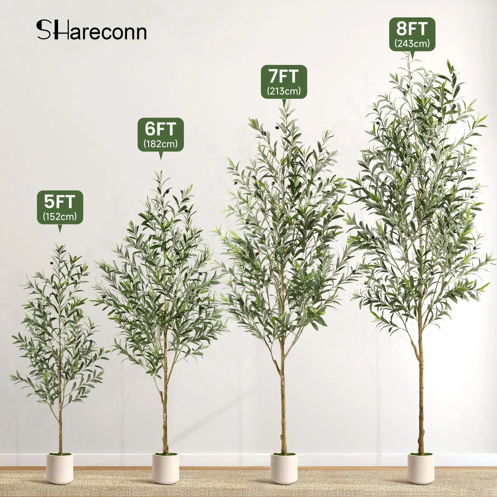 SHareconn 5/6/7FT Artificial Olive Tree with White Planter - Faux Silk Decorative Flower, Lively Trunk, Lifelike Fruits, Indoor Home & Room Decorations, Living Room Display (Plants & Fruit)