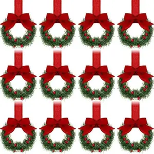 12-Piece Christmas Kitchen Cabinet Mini Wreath Ornaments 5.12-Inch Bow & Berry Design for Windows Cabinets Stairs Non-Woven Holiday Theme Decorations