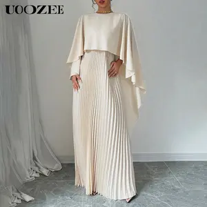Women's Minimalist Round-Neck Long-Sleeve Solid-Color High-Low Pleated Zipper Split-Joint Maxi Dress - Casual, Formal Wear, Womens Dresses,summervibes