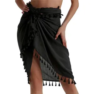Beach Sarong Pareo Womens Semi-Sheer Swimwear Cover Ups Short Skirt with Tassels