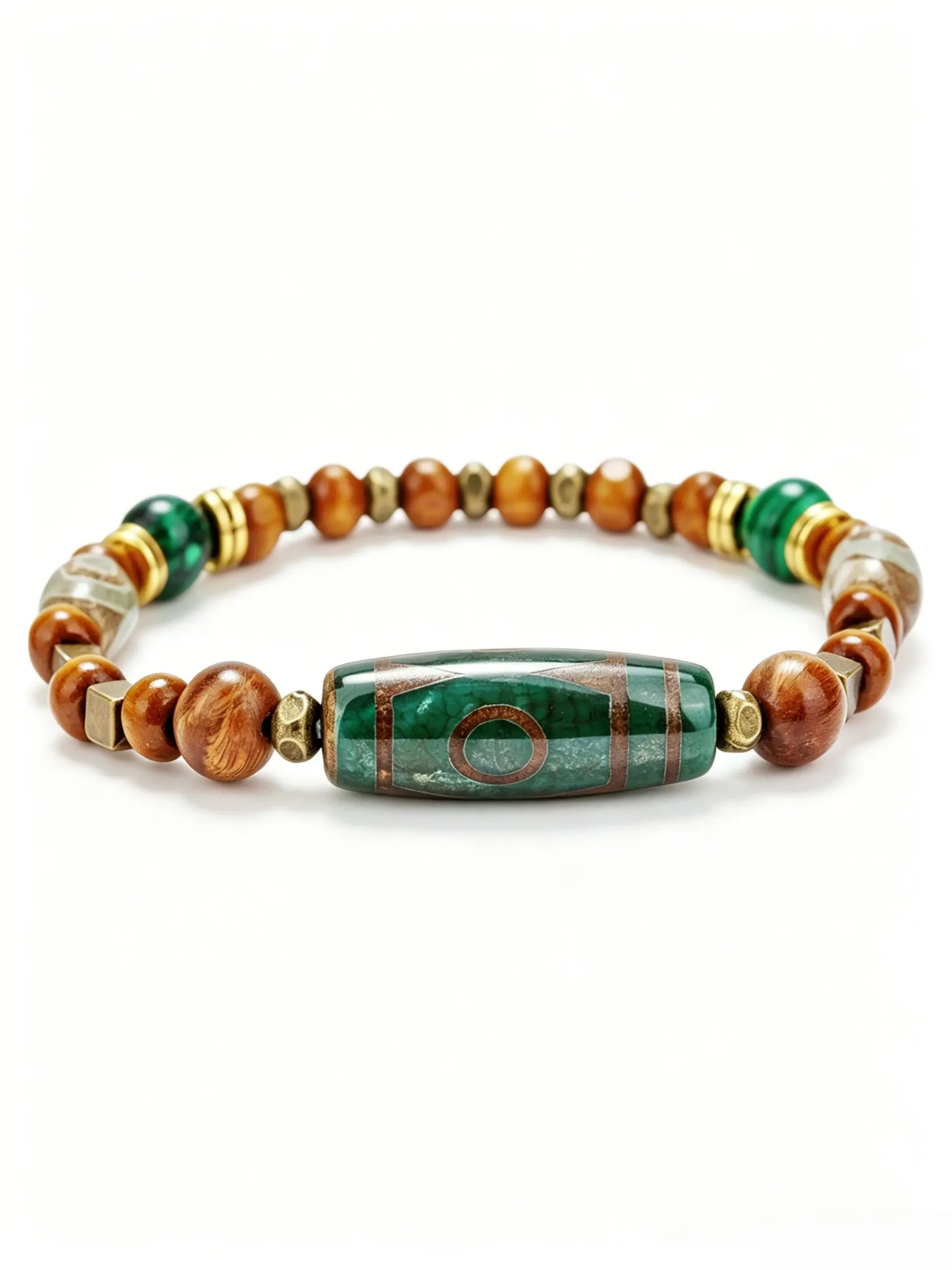 1PC Ethnic Style Dzi Bead Bracelet, High Quality Bracelet, Vintage Green Agate, Wood & Natural Materials Beaded Stretch Bracelet for Men, Boho Spiritual Symbolism Protection Jewelry, Retro Tribal Wrist Accessories for Daily Wear & Father's Day Gift