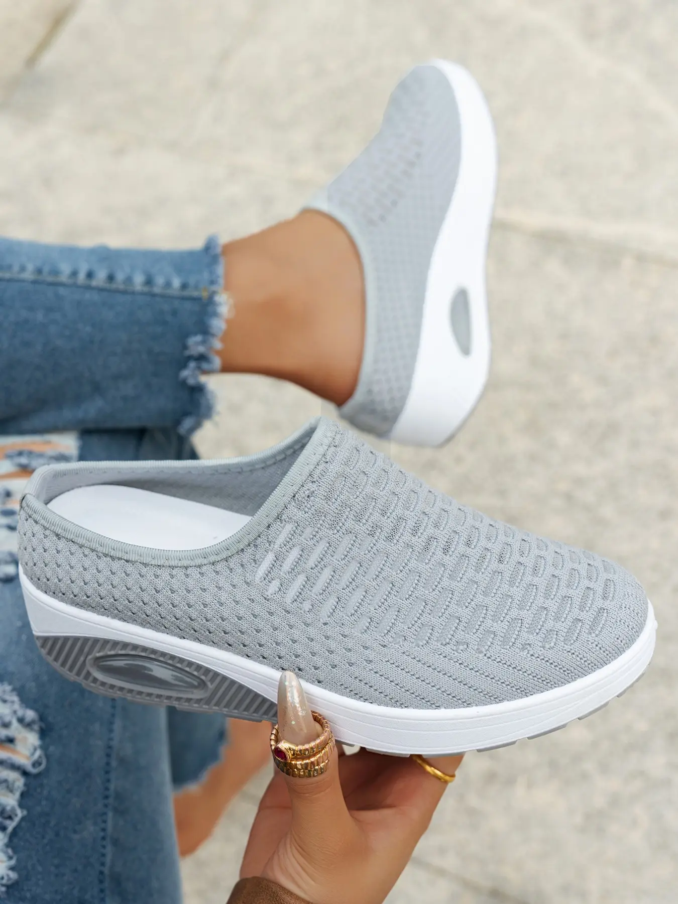 Women's Fashion Slip-On Mule Clogs, Knit Mesh Upper Air Cushion Platform Casual Walking Shoes for Daily Wear, Slip On Mules