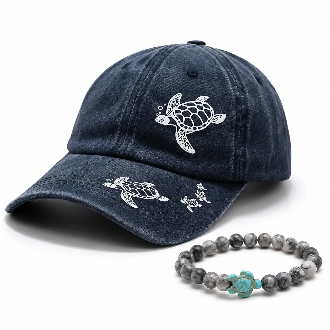 Sea Turtle Lover Gift Set, 2-Piece Vintage Washed Cotton Baseball Cap and Natural Stone Bracelet, Ocean Vibe Accessory for Women & Men, Anyone Who Loves Sea Turtles, Hat, Ocean Themed, Ready-To-Gift Set, Relaxed Ocean Vibe