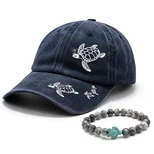2 Pack Sea Turtle Washed Baseball Cap & Turquoise Turtle Bead Bracelet Set Ocean Themed Gift