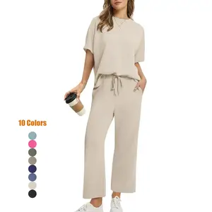 Women's two-piece summer set, oversized wide leg pants, casual set, airport beach vacation set, casual short sleeved set