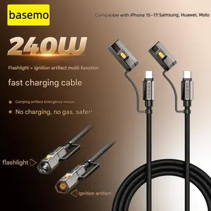 Basemo 2026 Upgraded 240W 4-in-1 Type-C Charging Cable with Flashlight and Lighter for iPhone, Samsung, Motorola, Outdoor Camping and Emergency Survival Gear, TikTok Popular Gadget FastCharging CampingGear EmergencyKit Cellphone Smartphone