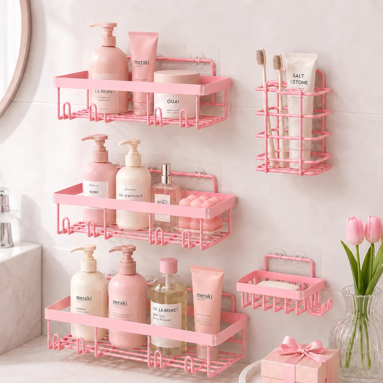 5-Pack No-Drill Adhesive Tape-Mounted Stainless Steel Shower Caddy Set, Modern Space-Saving Storage Rack with Free Hanging Hooks, Detachable Pad Shelf, Multi-Purpose for Bath/Kitchen (Black & Pink)