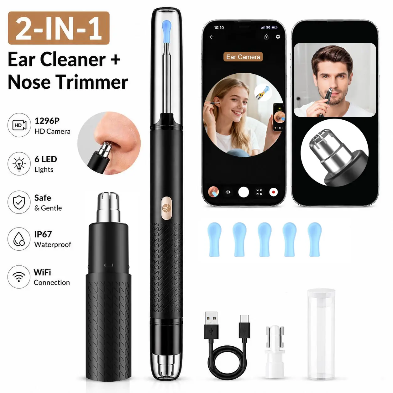 2-in-1 Ear Wax Removal Tool & Nose Hair Trimmer, 1296P HD Camera, Visual Ear Cleaner with WiFi App, 6 LED Lights, Compatible with iPhone & Android