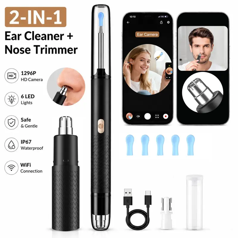 2-in-1 Gentle Earwax Cleaning Kit for Adults & Children, Convenient Daily Grooming Ear & Nose Care Tool with 1296P HD Canal Camera, WiFi App Visual Cleaner, 6 LED Lights, Nose Hair Trimmer, iPhone & Android Compatible