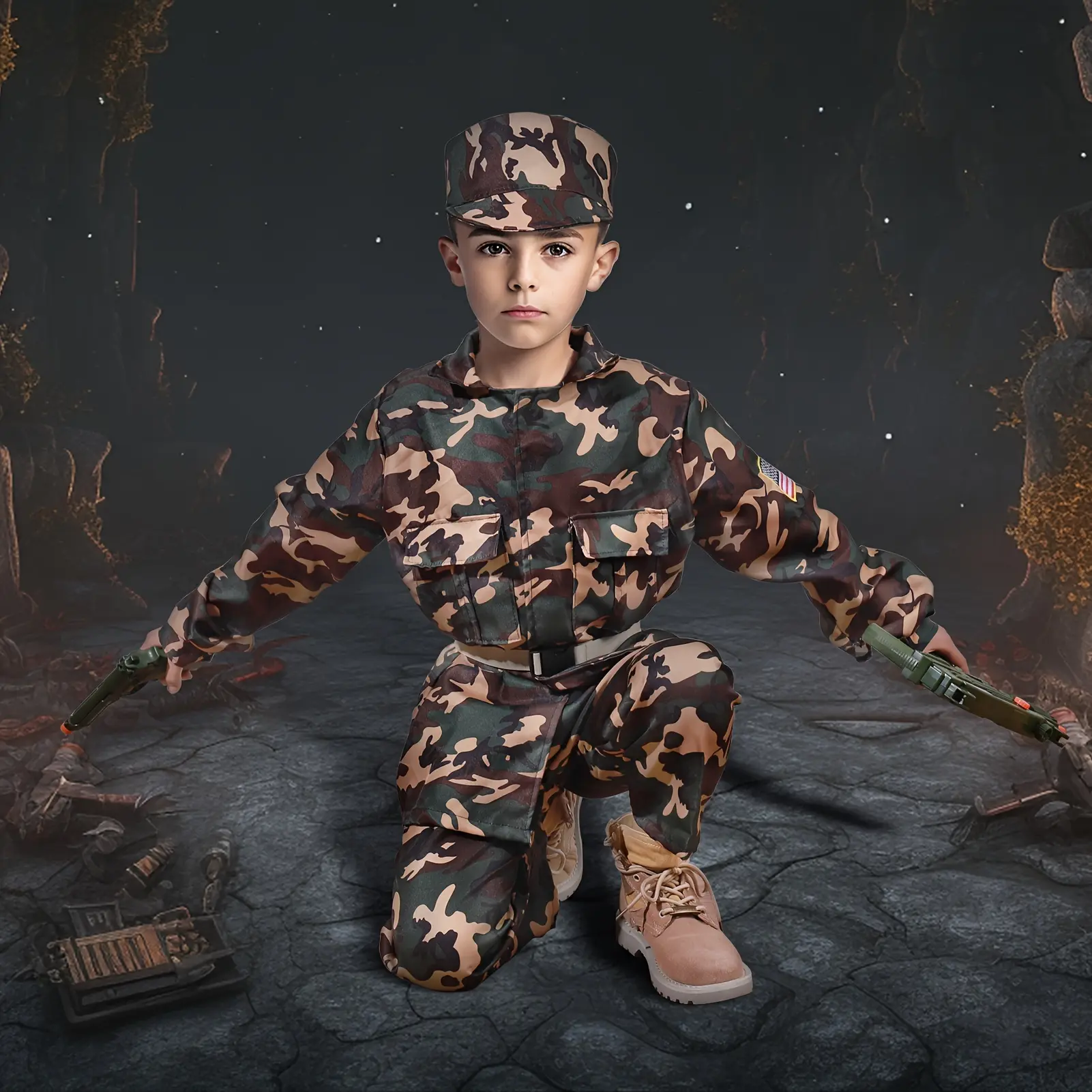 Kids Costume Military Toy Ranker Dress up Costumes for Boys Ages 3-12 with Equipment Military Accessories Uniform Halloween Gifts Toy Fun Play