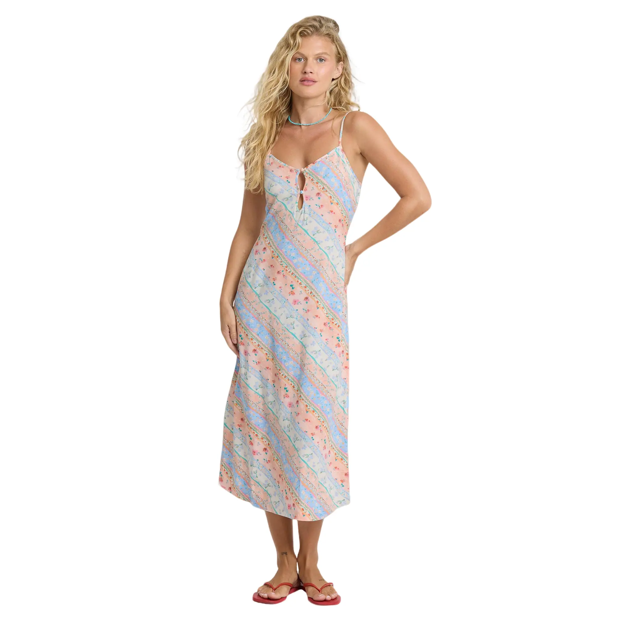 BILLABONG Fresh Daze Midi Dress - Pale Peach, Sleeveless Viscose Poplin Midi Dress, Keyhole Front, Button Back Zipper, Body-Skimming, for Day-to-Night Summer Resort Wedding Guest Womenswear Women Casual Spaghetti Strap