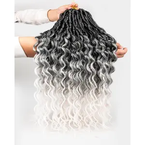 Faux Locs Crochet Hair for Black Women- 24 Inches 8 Packs Pre Looped Ombre Grey to White Synthetic Hair Extensions, Soft Goddess Locs Braids with Long Deep Wave Curly Ends(112 Strands,Tgrey/613)