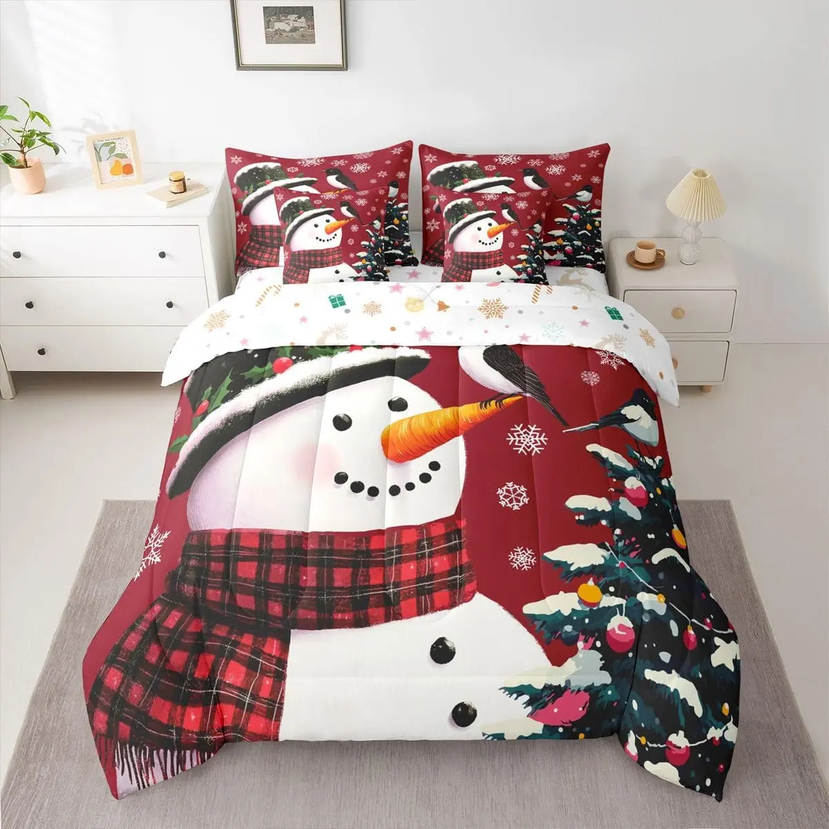 Kids Christmas Theme Decorations Bed in a Bag Xmas Snowman Bed Set for Boys Girls Snowflake Kawaii Cute Comforter Set with Sheets Red Bedding Set Bedroom Collection