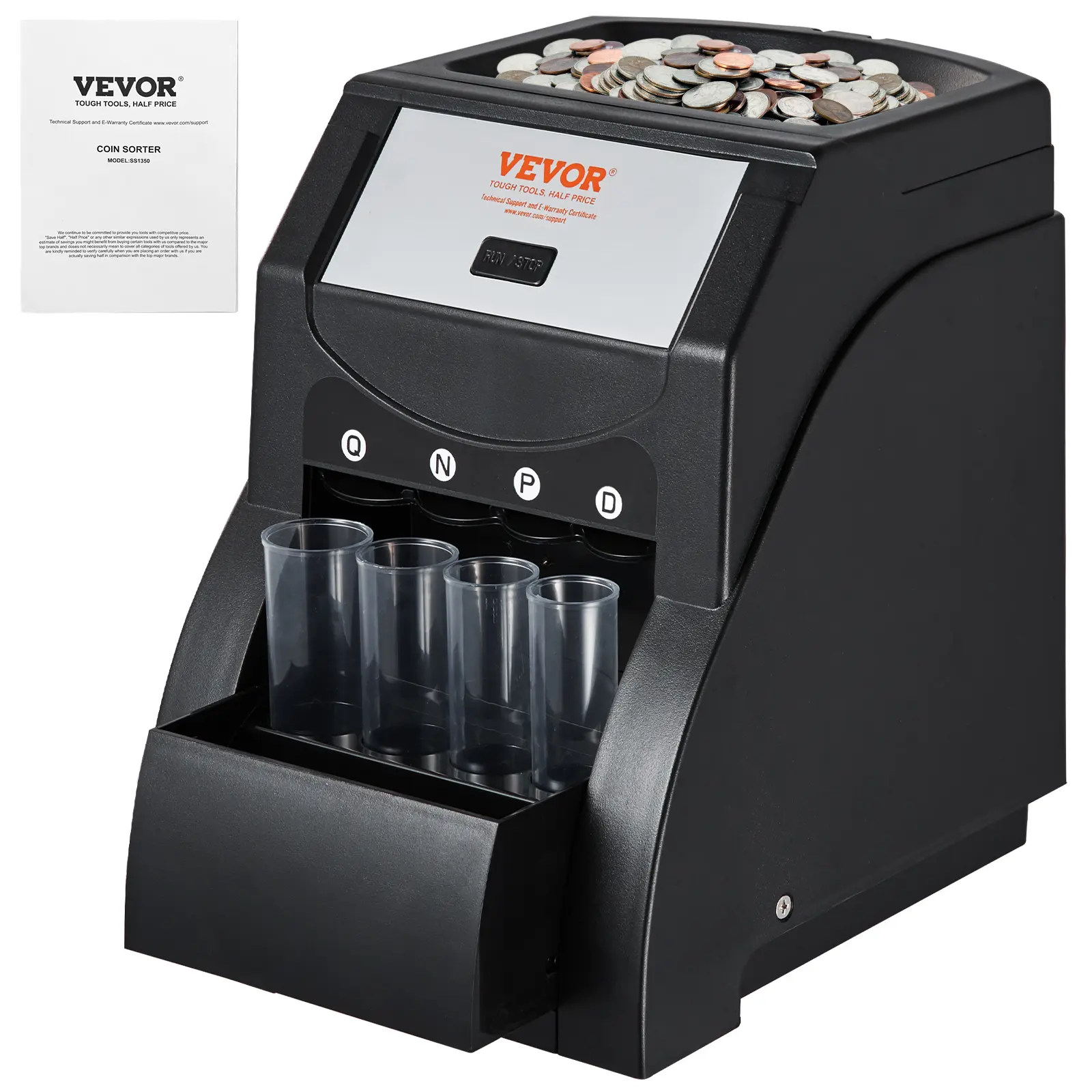 【Summerfinds】VEVOR USD Coin Sorter Coin Sorter Machine for USD Coin 1￠ 5￠ 10￠ 25￠Sorts up to 230 Coins/minCoin Sorter and Wrapper Machine Holds 200 Coins Included 4 Coin TubesBlack