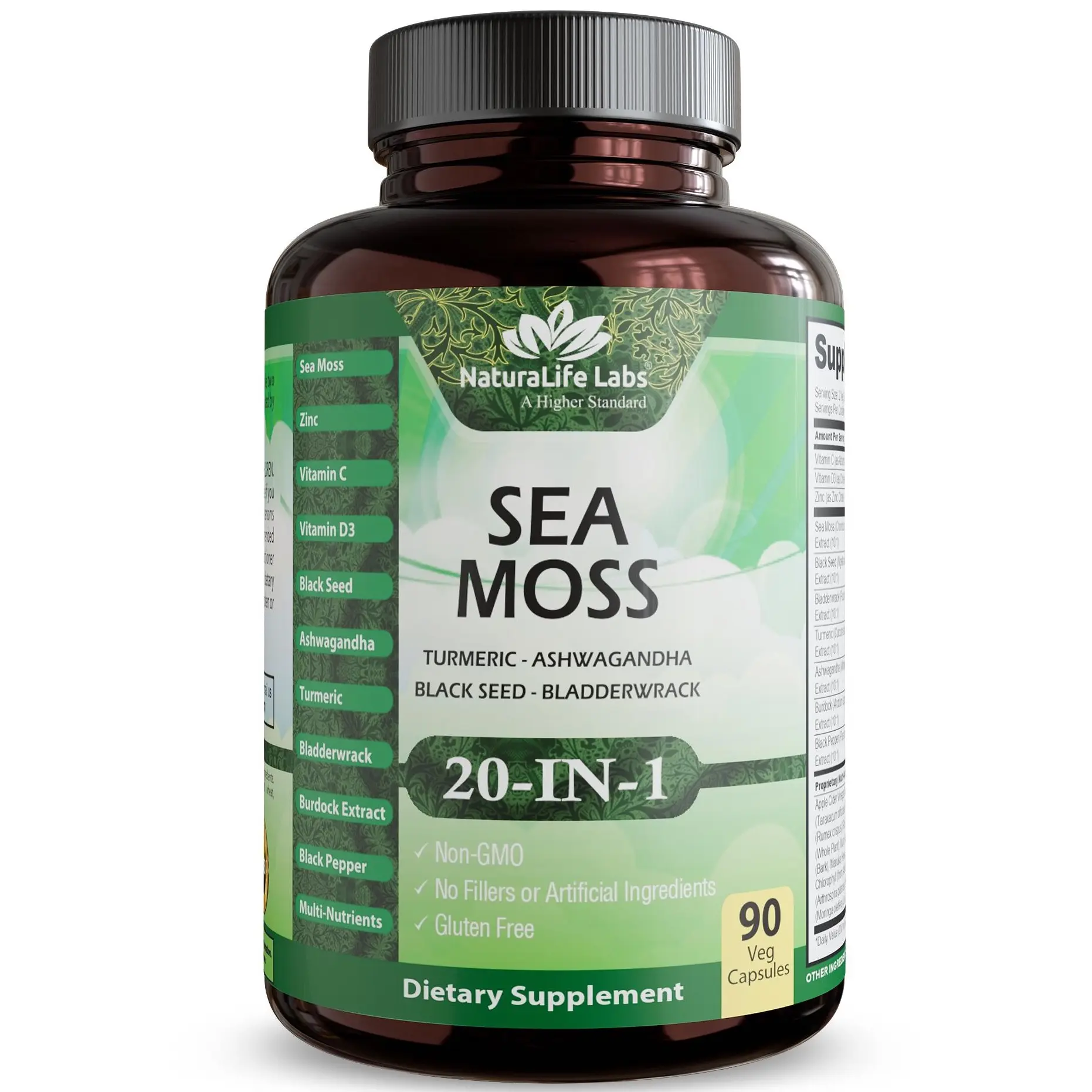 Sea Moss, Black Seed Oil, Bladderwrack, Turmeric, Ashwagandha, Burdock, Vitamin C, D3, Yellow Dock Root, Manuka, Dandelion - 90 Veggie caps