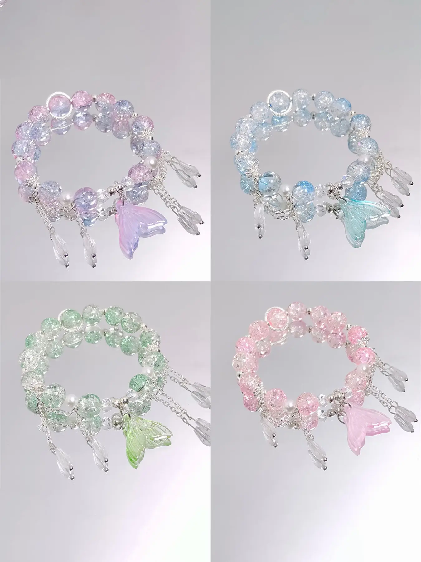 ICED CHICS Four Mermaid Bracelet Set, fresh and sweet style, colorful transparent bracelets, elastic rope design, high cost performance, suitable for all sizes, gift, Beaded Bracelet Set