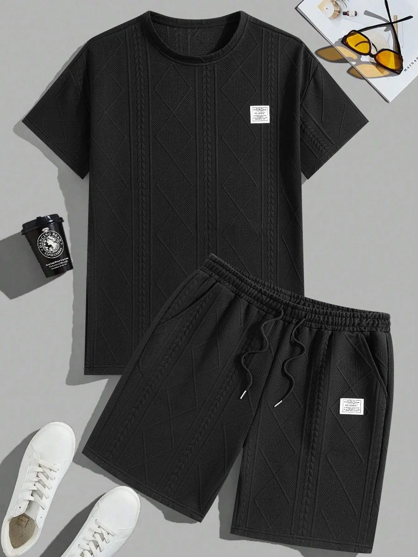 Men's 2-Piece Jacquard Textured Menswear Set, Solid Color Round Neck T-Shirt & Drawstring Waist Shorts, Regular Fit, Breathable Cool Summer Casual Men's Clothing for Daily Wear