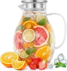 PJC-Kitchen Borosilicate Glass Pitcher with Lid and Spout - Hand Blown Diamond Pattern Glass Carafe for Hot and Cold Beverages - Available in 2L 68oz and 3L 100oz - Iced Tea, Juice and Sangria Jug