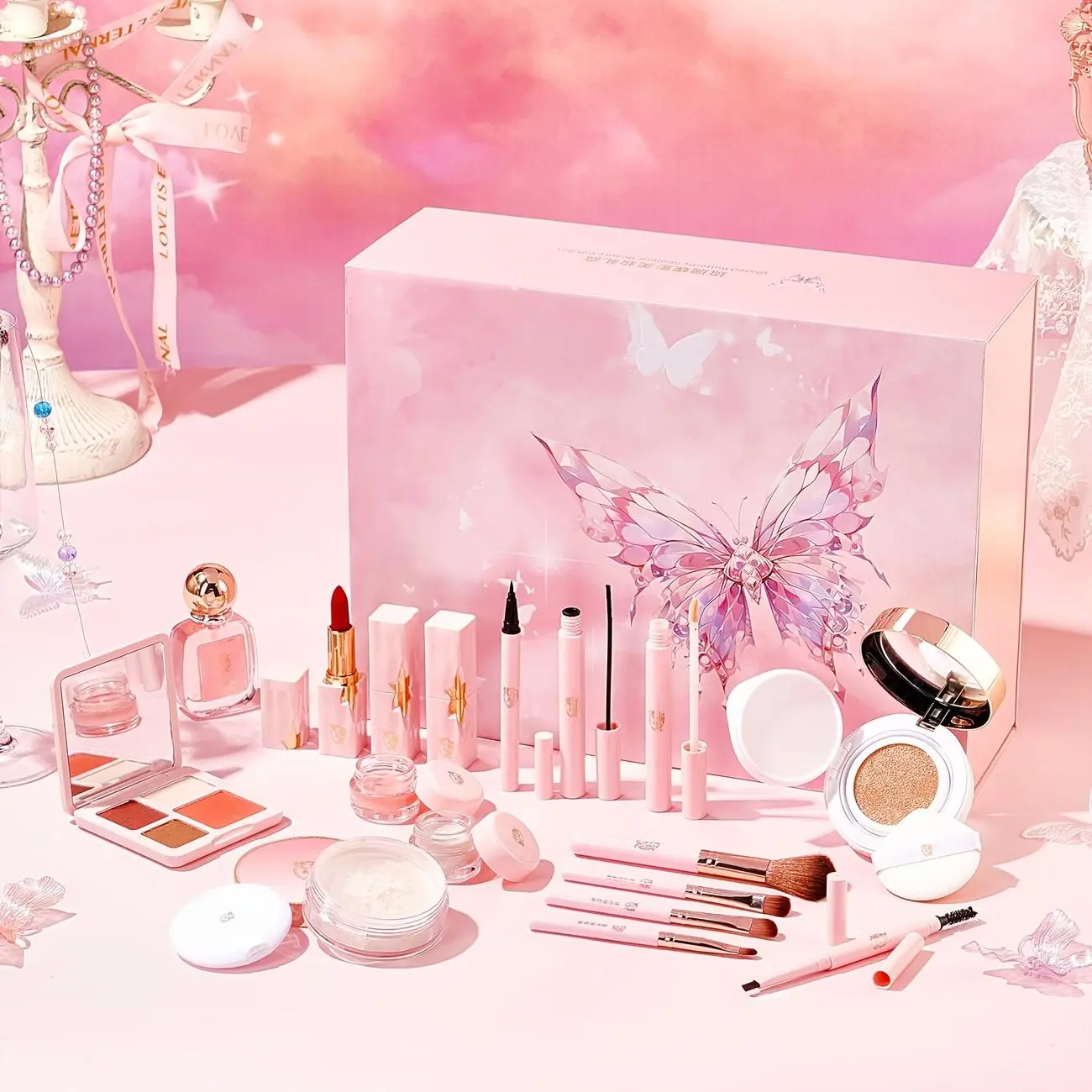 18pcs "Butterfly Shadow" Makeup Gift Set with Advanced Lighted Mirror, Complete Eyeshadow/Blush/Lip Palette, Beginner Makeup Kit, Valentine's Day Birthday Gift for Wife Girlfriend