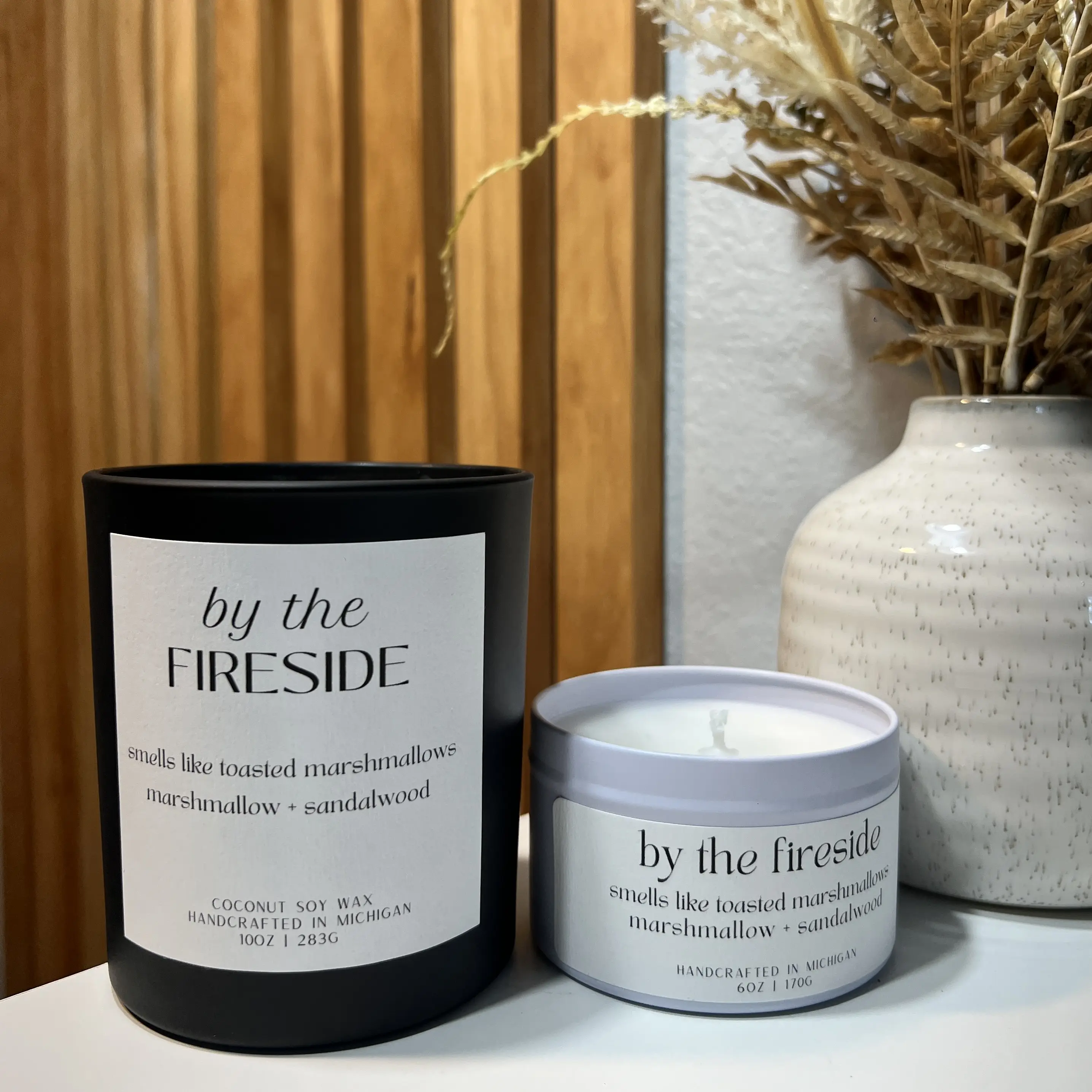 By The Fireside Hand-Poured Coconut Soy Wax Candle - Marshmallow Vanilla Amber Scented - Handcrafted in Michigan - 12oz & 6oz Sizes
