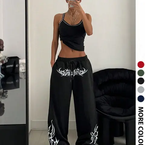 Women's Casual Sporty Athletic Pants Bottom, Casual Fashion Bottoms, Totem Print Adjustable Drawstring Loose-Fit Wide Leg, All-Season Comfortable Ladies' Long Trousers