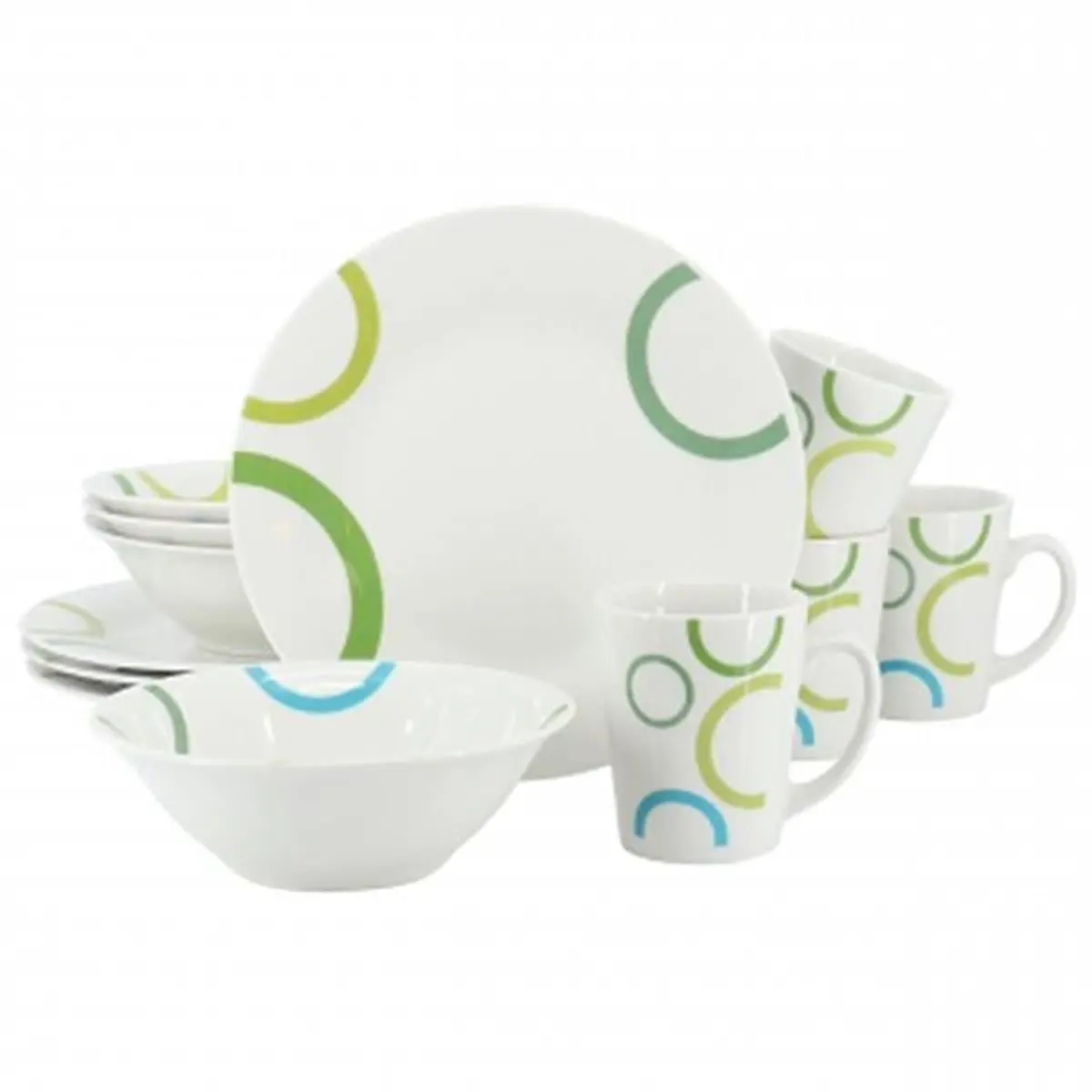 Gibson Home 12-Piece Round Fine Ceramic Tableware Set - Green Loops Design, White, Includes Bowls & Dinner Plates for Home Dining