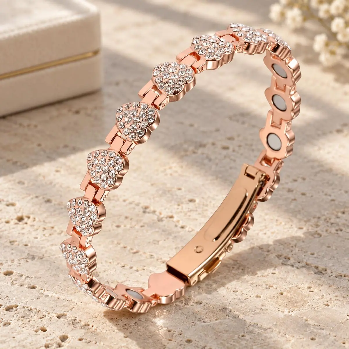 Women’s magnetic link bracelet with crystal heart, adjustable, rose gold/gold or silver tone, includes sizing tool