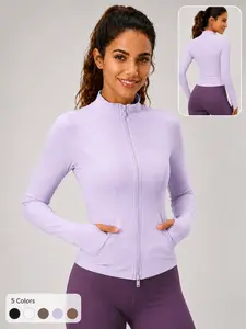 Women's Dual Zipper Raglan Sleeve Yoga Jacket, Curved Hem Slim Fit Cropped Athletic Jacket, Full Zip Stand Collar Workout Top with Thumb Holes & Side Pockets for Gym Fitness，OOTD