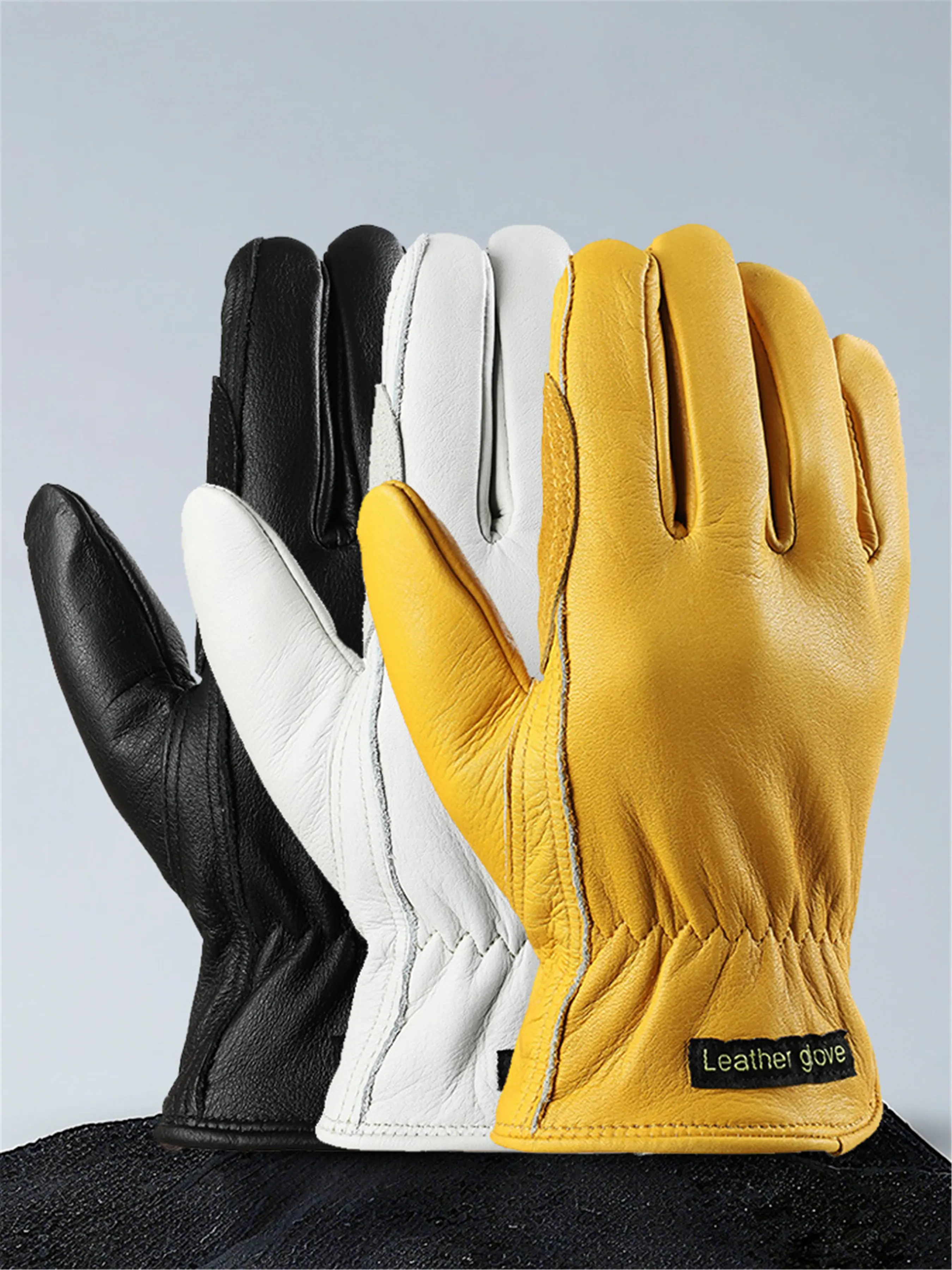 Men's Genuine Leather Gloves, Cowhide Gloves with Knitted Wool Lining for Warmth, Riding Gear, Multiple Colors Available