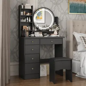 FUFU&GAGA Makeup Vanity Set Dresser Desk with 5 Drawer and Light Shelf Round Mirror with Touch Screen and Vanity Set with Cushioned Stool for Bedroom Modern Furniture Organization