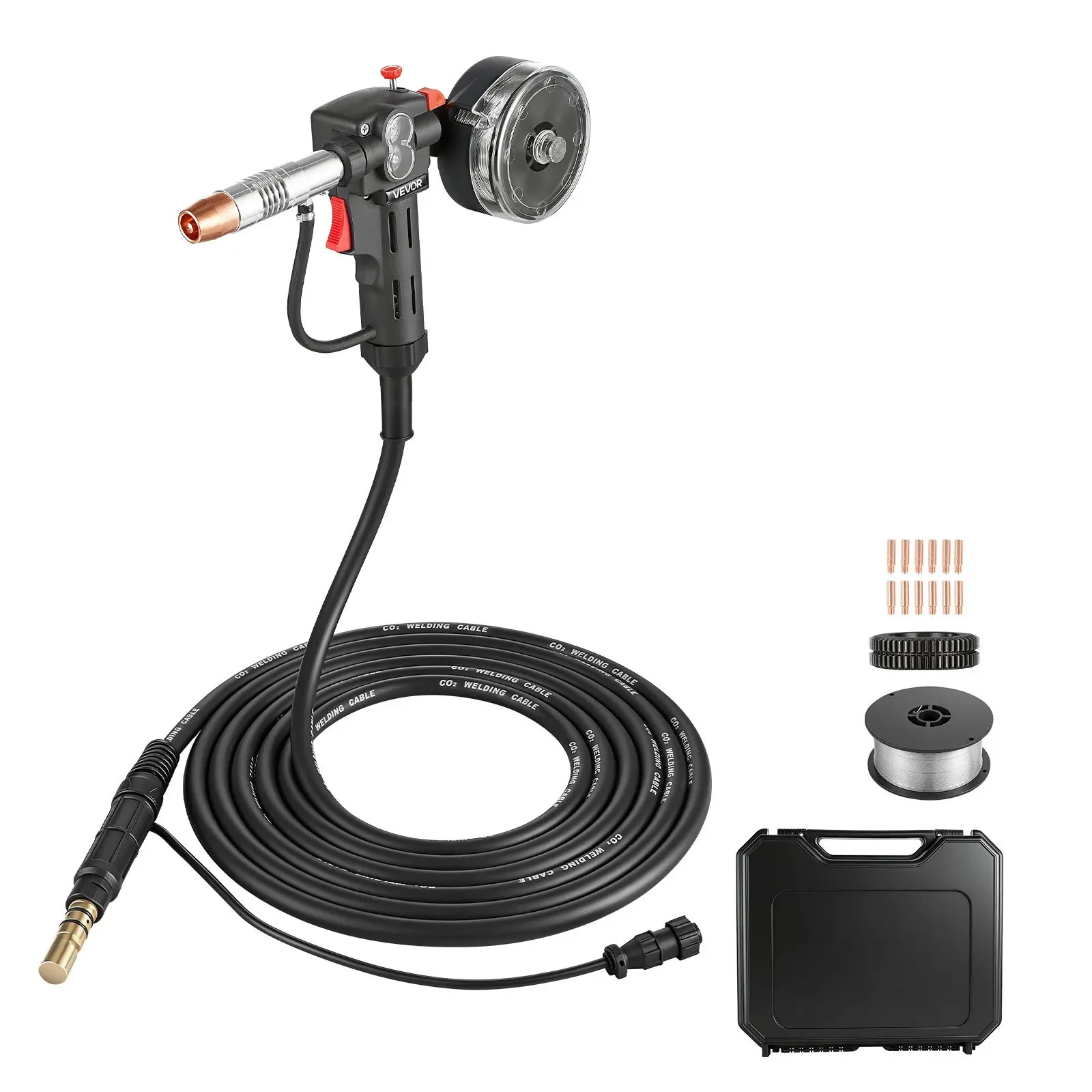 VEVOR 150A Wire Feed Spool Gun with 20ft Cable - Miller Spoolmate 150 Replacement, Ergonomic Handle, Copper Cable, 0.03"-0.035" Knurled Single V-Groove Drive Roll, 11PCS MIG Welding Contact Tips, ER4043 Aluminum MIG Wire & Toolbox