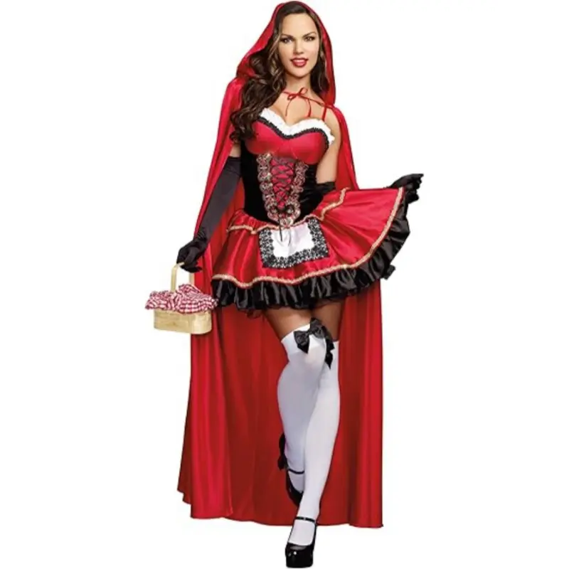 TikChic Closet Three Piece Costume Set Cape Dress Gloves Little Red Riding Hood Halloween Cosplay Performance Outfit Fairy Floral Lace with Wings Men's Sajaboy Jinu natalie reynolds costume pvc cosplay staff wybie the viridescent purple hair kitty fangs