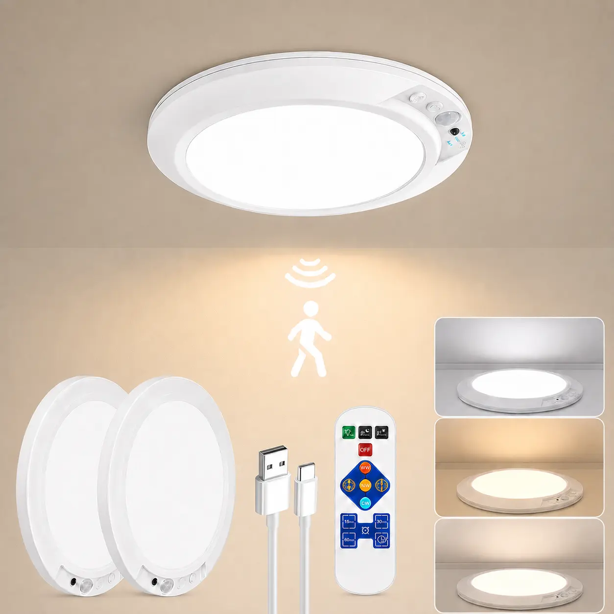 Rechargeable Motion Sensor Ceiling Lamp with Remote Control - ABS, Built-in Cells, Wireless LED Interior Lights, 3-Color Dimmable Adjustable Light Mode, No Wiring Needed, Bulb Included for Closets, Basements - Home Decor Lighting, Bedroom Use