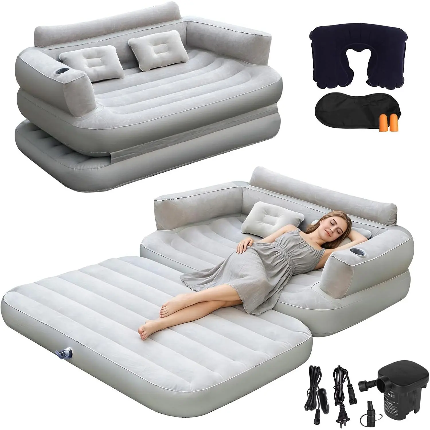 Full Size 2-in-1 Portable Inflatable Sofa Bed with Air Pump, Folding Blow-Up Air Couch Air Mattress Suitable for Home Camping and Guest Use
